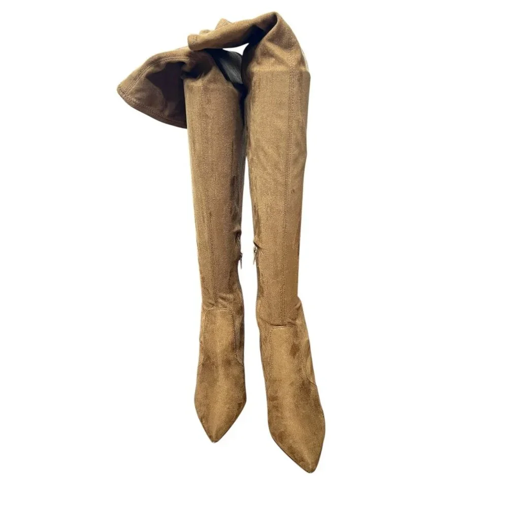 Steve Madden Tan Faux Suede Knee-High Boots 6.5M Pointed Toe Block Heel Side Zip
